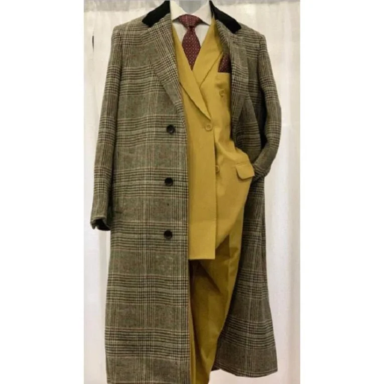 Weekend Rugged Men's Gray Overcoat - Grey Wool Topcoat ~ Grey Plaid Checkered Chesterfield Overcoat - Full Length Wool Gray Top Coat