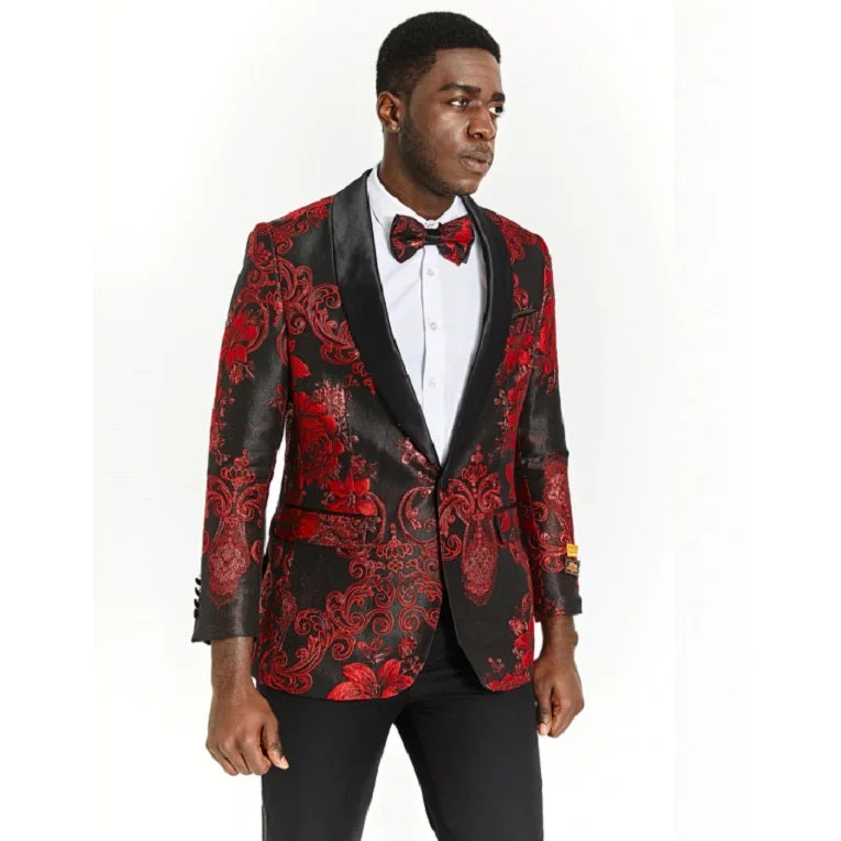 Sophisticated Fit Look Mens Black & Red Paisley Floral Prom Tuxedo Dinner Jacket-Overcoat