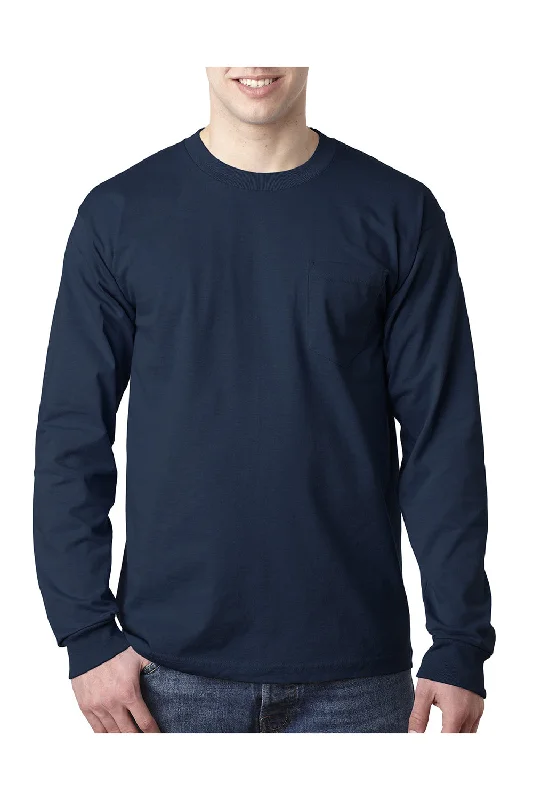 Minimalist Weekend Bayside Mens USA Made Long Sleeve Crewneck T-Shirt w/ Pocket - Navy Blue