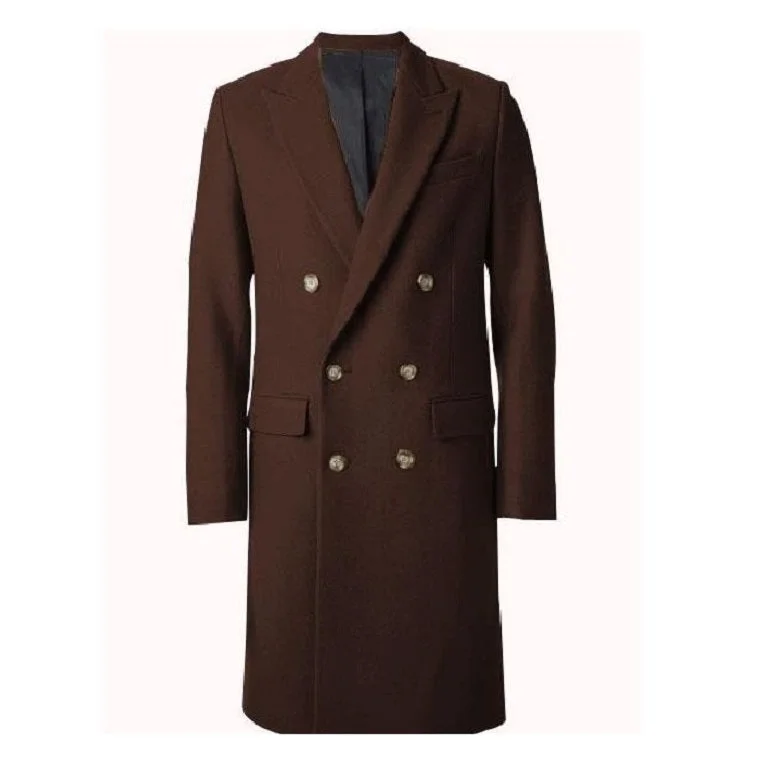 Cozy Street Style Men's Brown Wool Fabric Double Breasted Overcoat 44 Inch Full Length Topcoat