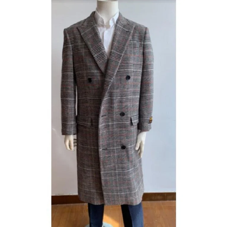 High-End Fit Men's Gray Overcoat - Grey Wool Topcoat - Checkered Pattern Double Breasted Style Double Breasted Overcoat