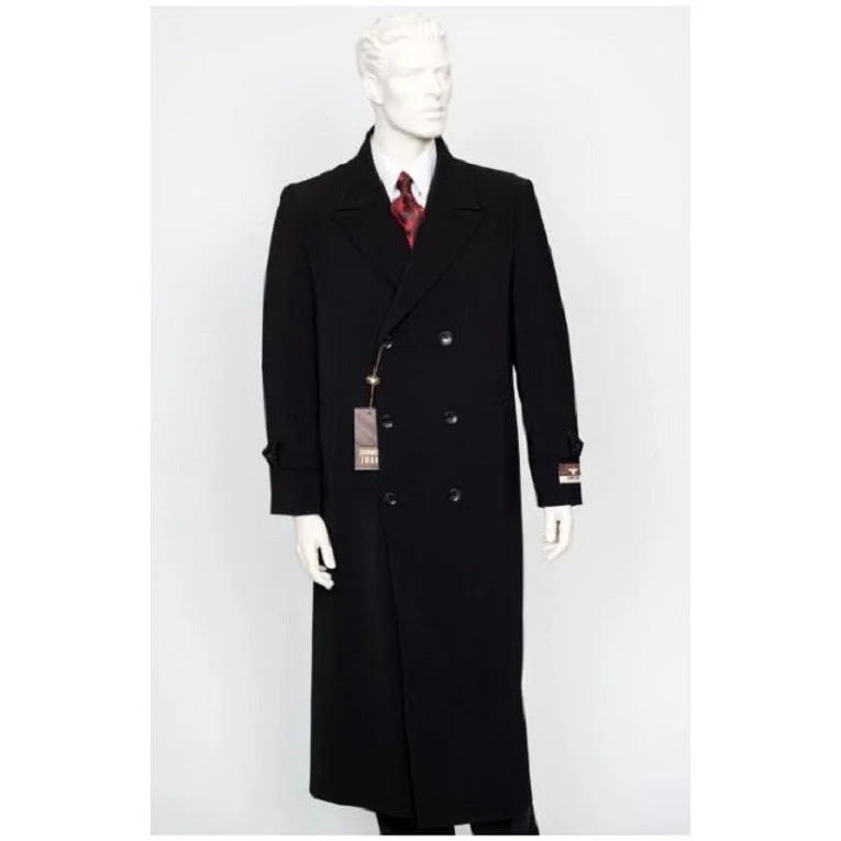 Elevated Weekend Look Mens Navy Peak Lapel Full Length Overcoat Double Breasted Top Coat-Black