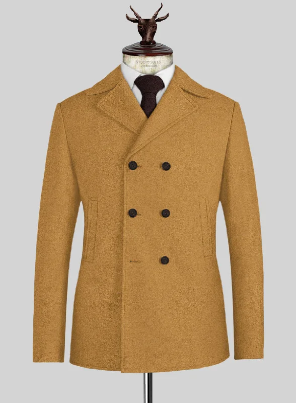 Contemporary Sporty Naples Yellow Tweed Pea Coat