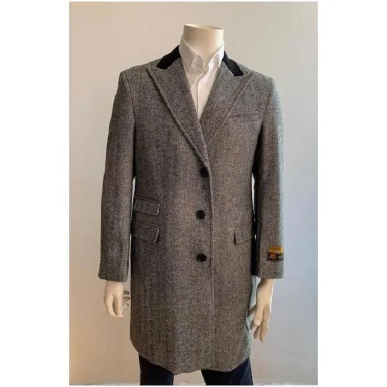 Monochrome Fit Men's Gray Overcoat - Grey Wool Topcoat - Peak Lapel 1920s Style - Three Quarter By Alberto Nardoni