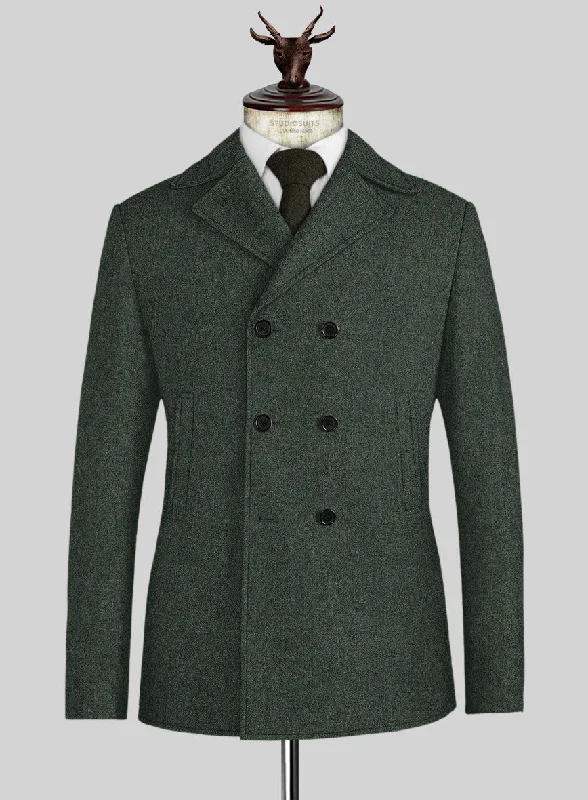 Elevated Weekend Look Green Heavy Tweed Pea Coat