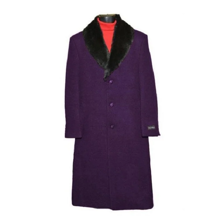 Structured Monochrome Men's Dress Coat Fur Collar Dark Purple 3 Button Wool Overcoat ~ Long Men's Dress Topcoat - Winter Coat 65% Wool