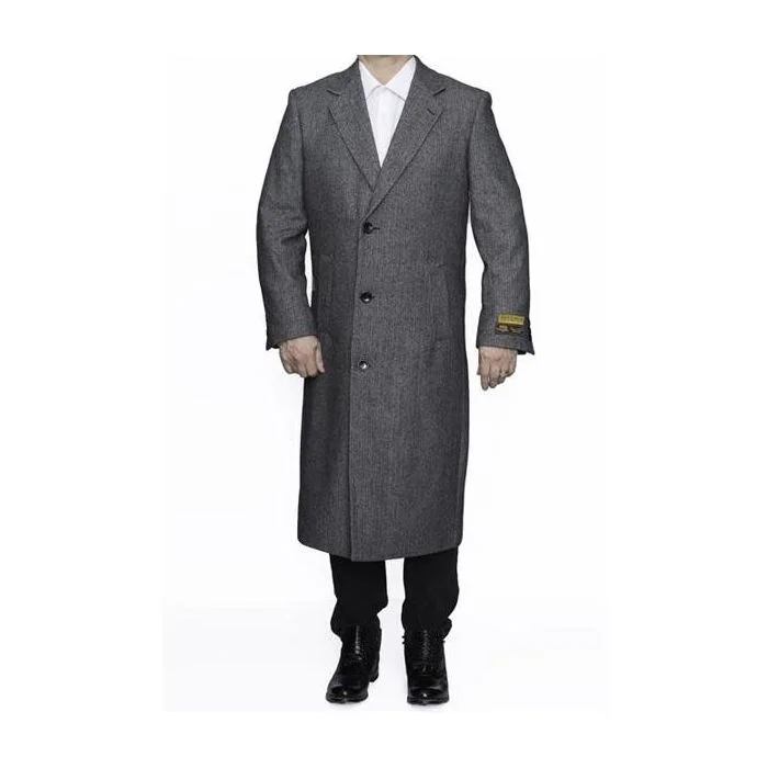 Modern Casual Look Men's Gray Overcoat - Grey Wool Topcoat - Three Button Full Length Wool Herringbone Gray Overcoat