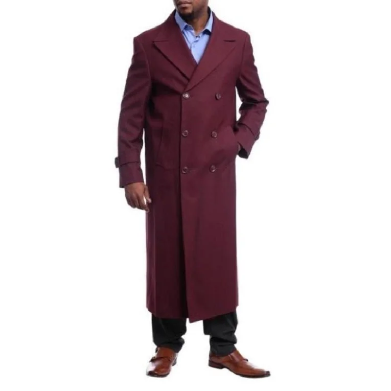 Sophisticated Tailoring Mens Red Overcoat Trench coat - Black Diamond Burgundy Wool Double Breasted