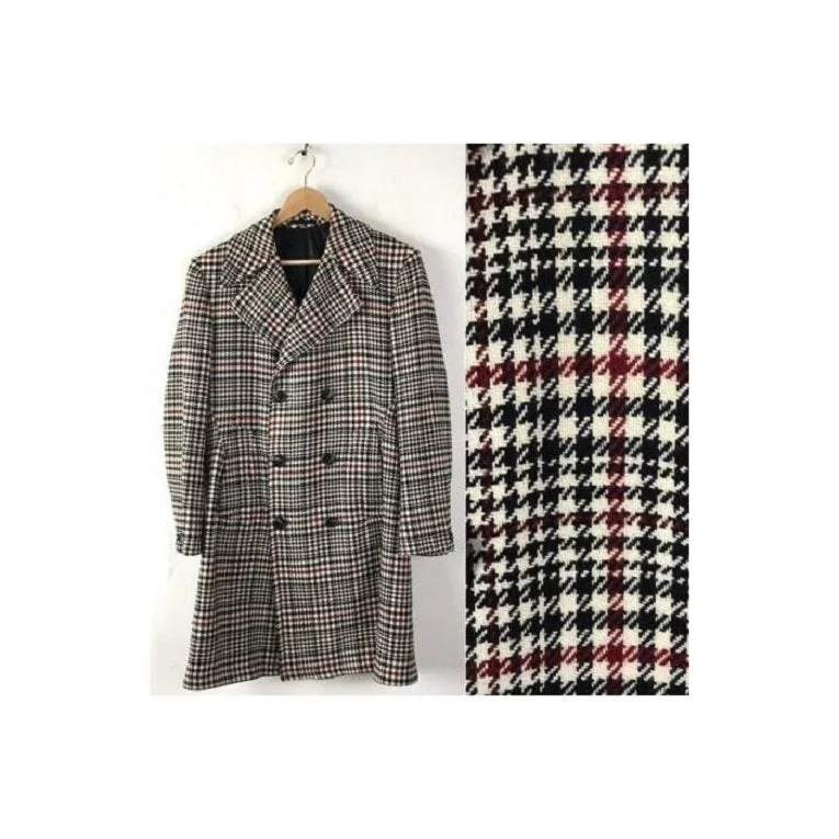 Earthy Casual Mens Red Overcoat Trench coat - Houndstooth Six Button