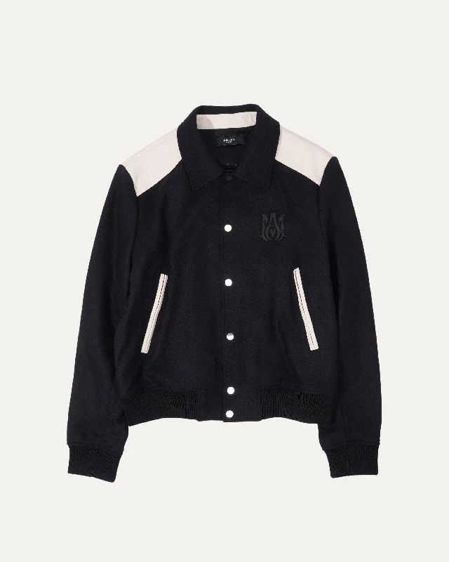 Stylish Monochrome Logo Embroidered Wool-Bend Twill Varsity Jacket