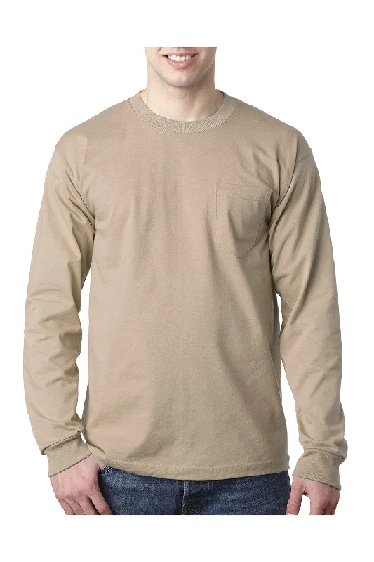 Sophisticated Chic Bayside Mens USA Made Long Sleeve Crewneck T-Shirt w/ Pocket - Sand