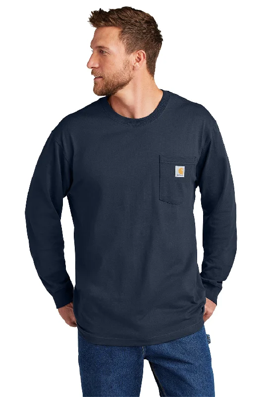 Sleek Monochrome Look Carhartt Mens Workwear Long Sleeve Crewneck T-Shirt w/ Pocket - Navy Blue