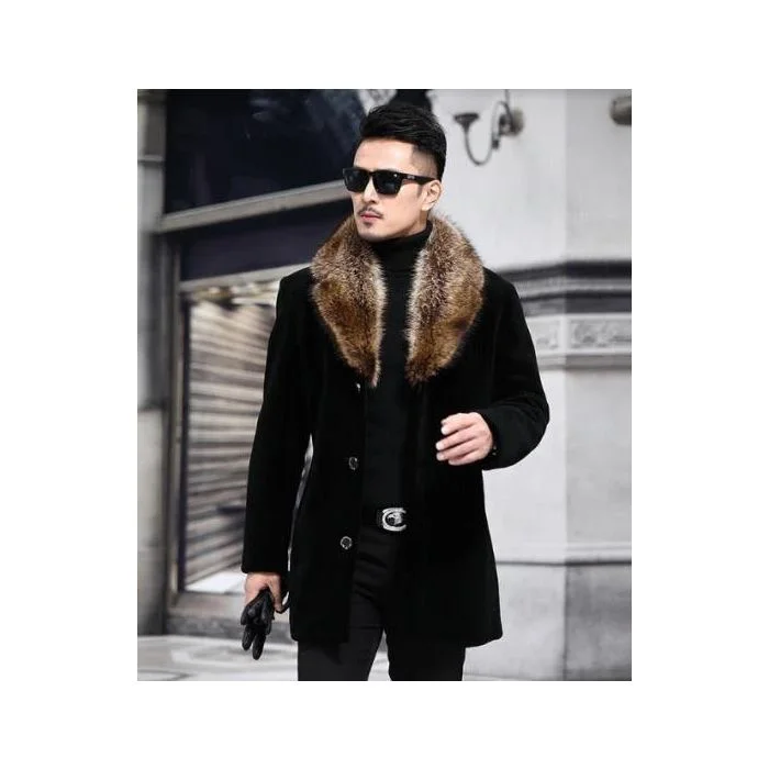 High-End Street Men's Driving Coat - Men's Car coat - Black Overcoat with Golden Fur Wool Coat