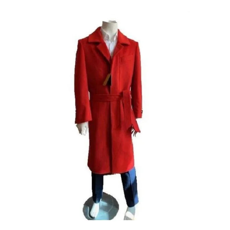 Rugged Chic Mens Red Overcoat Trench coat - Wool Fabric Trench Coat For Men Full Length TopCoat