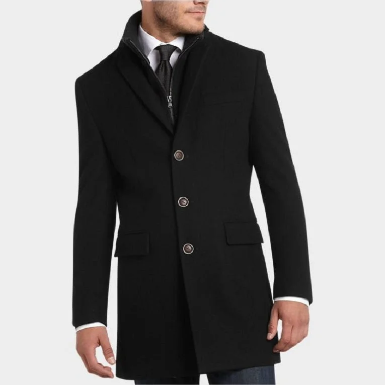 Casual Rugged Mens Slim Fit Topcoat - Black Slim Fit Overcoat - Wool Overcoat