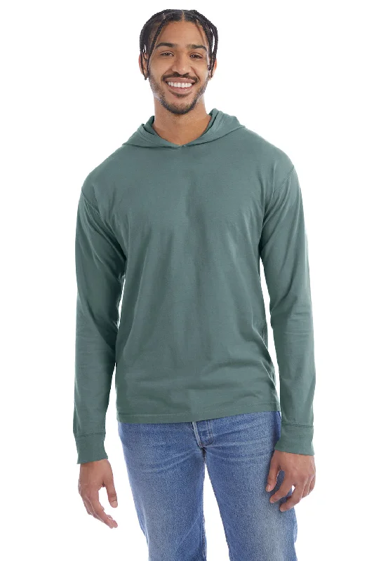 Relaxed Street Look ComfortWash By Hanes Mens Jersey Long Sleeve Hooded T-Shirt Hoodie - Cypress Green