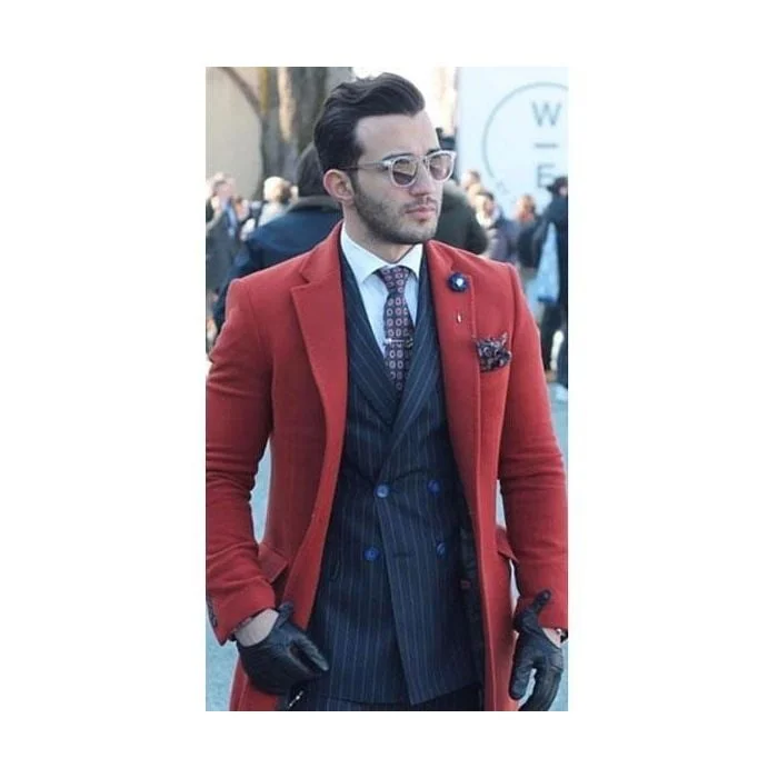 Stylish Statement Mens Red Overcoat Red Trenchcoat Long Red Winter Coat Three Quarter Red Wool Fabric Pea Coat