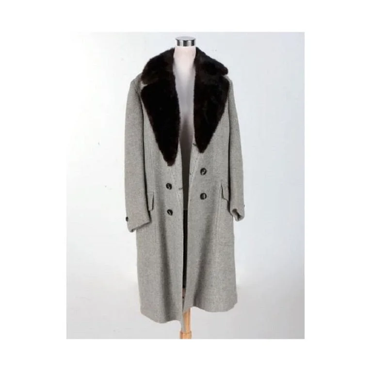 Sporty Outerwear Light Grey Overcoat - Wool Full length Double breasted Topcoat - Fur Collar Coat