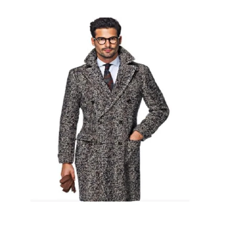 Stylish Monochrome Mens Tweed Overcoat - Herringbone Overcoat - Black And White Topcoat