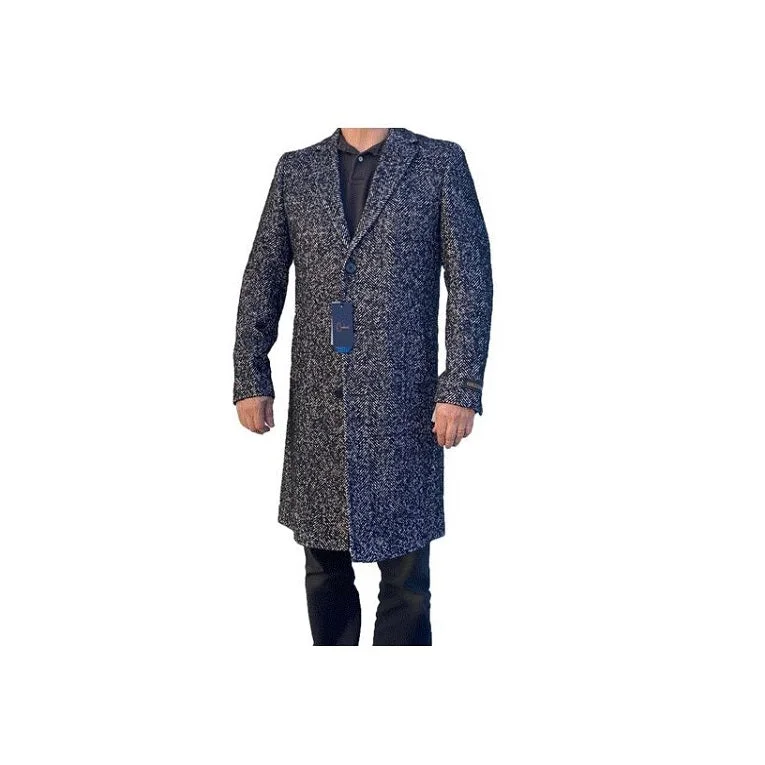 Sporty Outerwear Men's Black And Grey Herringbone ~ Tweed Overcoat Three Quarter Wool & Cashmere Carducci