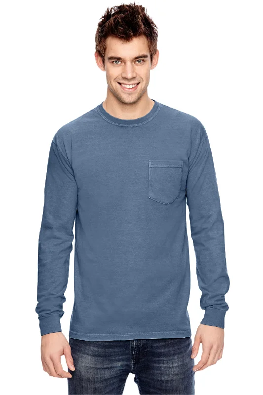 Rugged Classics Comfort Colors Mens Long Sleeve Crewneck T-Shirt w/ Pocket - Blue Jean