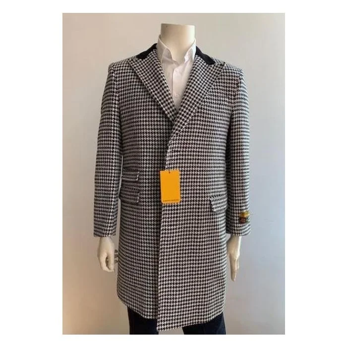 Retro Smart Mens Houndstooth Black Coat - Houndstooth Peacoat - Mens Houndstooth Overcoat