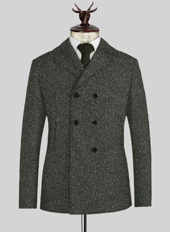 Sporty Modern Dark Olive Flecks Donegal Tweed Pea Coat