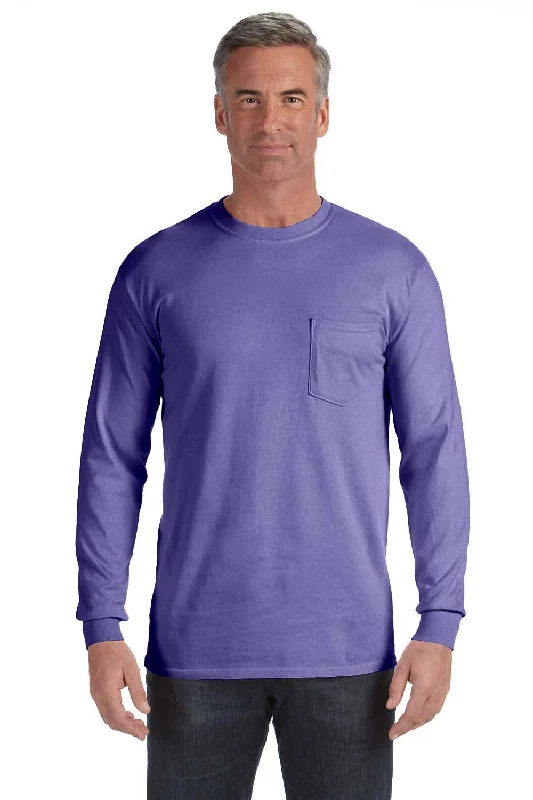 Structured Casualwear Comfort Colors Mens Long Sleeve Crewneck T-Shirt w/ Pocket - Violet Purple