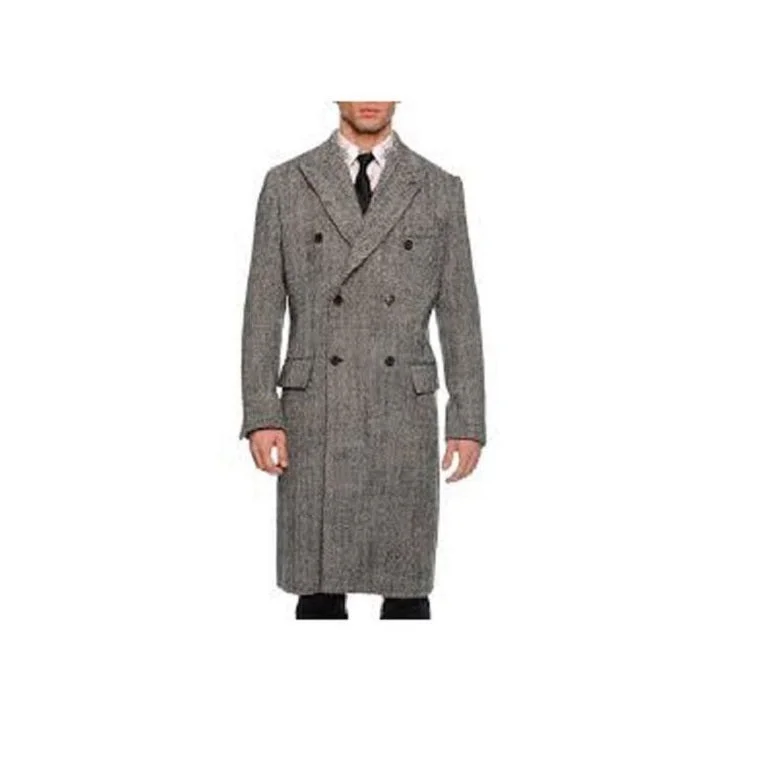 Urban Pastels Men's Gray Overcoat - Grey Wool Topcoat 6 Button Gray Herringbone Tweed Overcoat Full Length