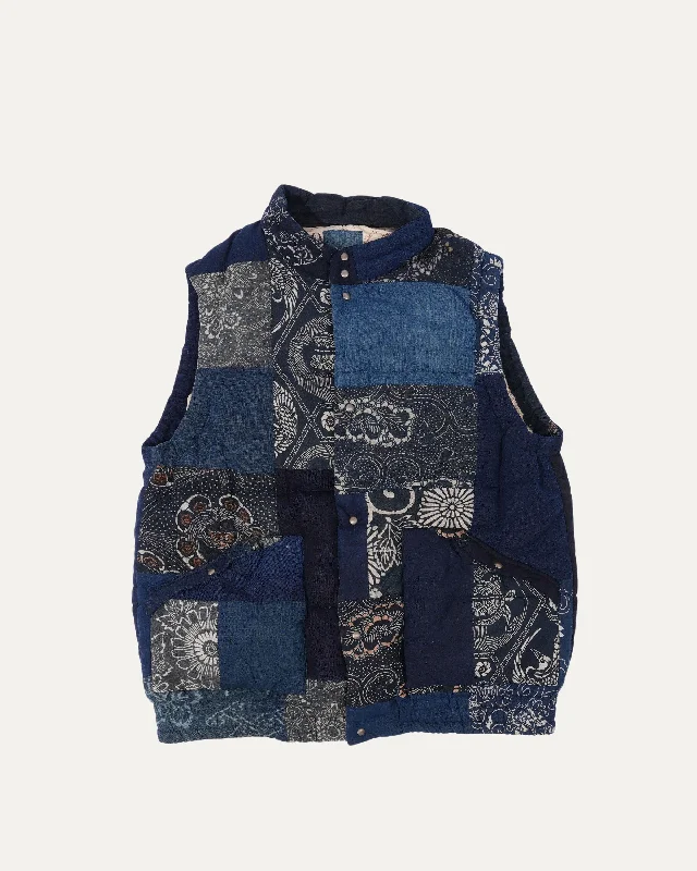 Simplified Chic Indigo Kerchief Patchwork Down Vest