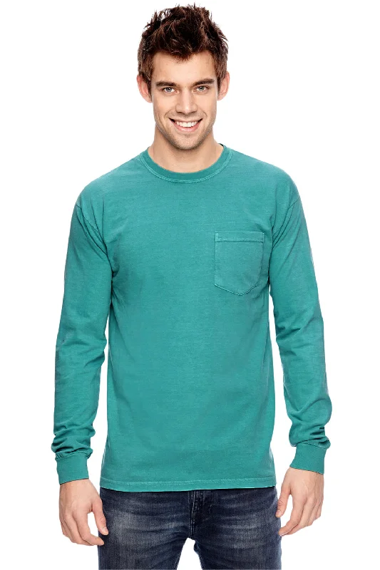 Bold Outerwear Comfort Colors Mens Long Sleeve Crewneck T-Shirt w/ Pocket - Seafoam Green