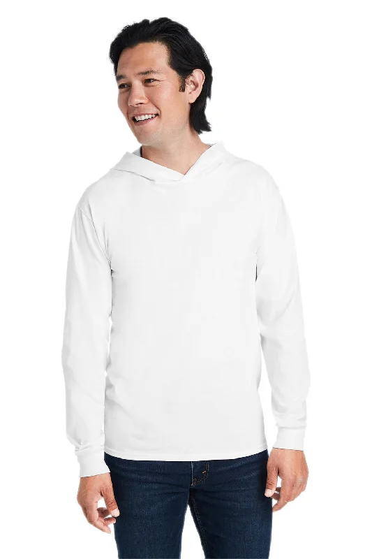 Earthy Fit Fruit Of The Loom Mens HD Jersey Long Sleeve Hooded T-Shirt Hoodie - White