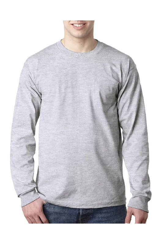 Soft Fitwear Bayside Mens USA Made Long Sleeve Crewneck T-Shirt w/ Pocket - Ash Grey