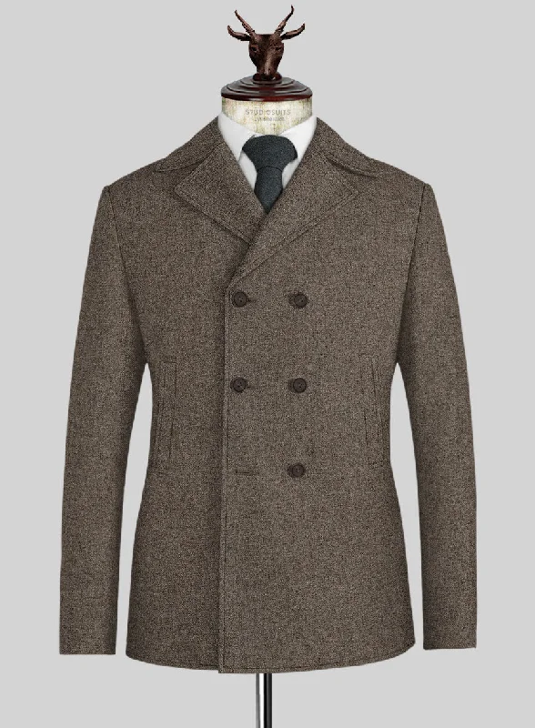 Fashionable Casualwear Dapper Brown Tweed Pea Coat