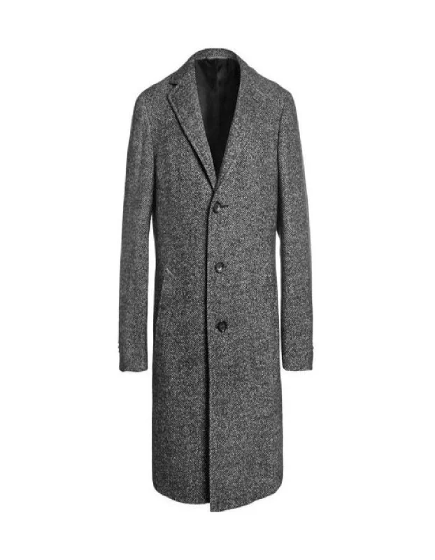 High-End Casual Men's Dress Coat Tweed ~ Herringbone 3 Button Grey Long Men's Dress Topcoat - Winter Coat Full Length Overcoat