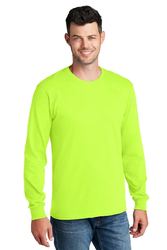 Classic Relaxed Look Port & Company Mens Core Long Sleeve Crewneck T-Shirt - Safety Green