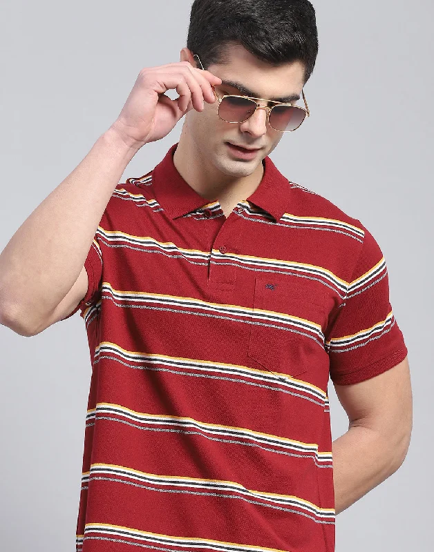 Fashionable Fit Men Maroon Stripe Polo Collar Half Sleeve T-Shirt