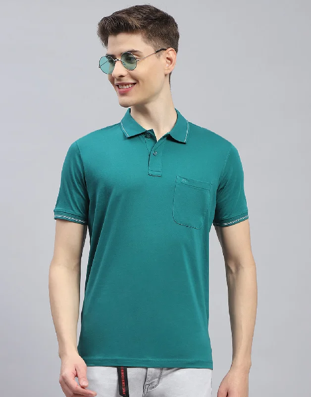 Sophisticated Weekend Men Teal Blue Solid Polo Collar Half Sleeve T-Shirt