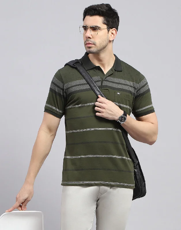 Weekend Rugged Men Olive Stripe Polo Collar Half Sleeve T-Shirt