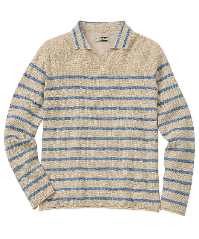 Classic Comfort Linen-Cotton Striped V-Neck Polo Sweater