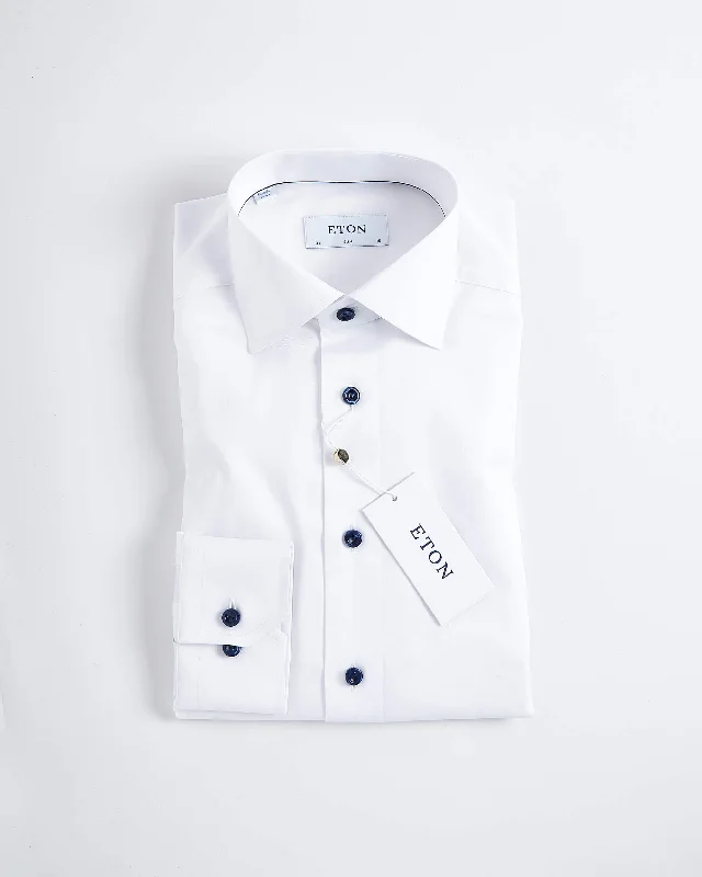 Earthy Casual Signature White Twill Slim Shirt With Navy Buttons