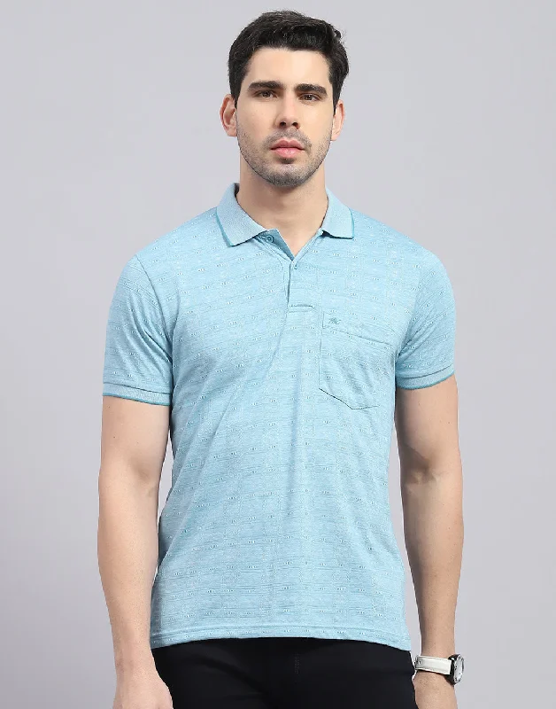 Casual Rugged Men Blue Printed Polo Collar Half Sleeve T-Shirt