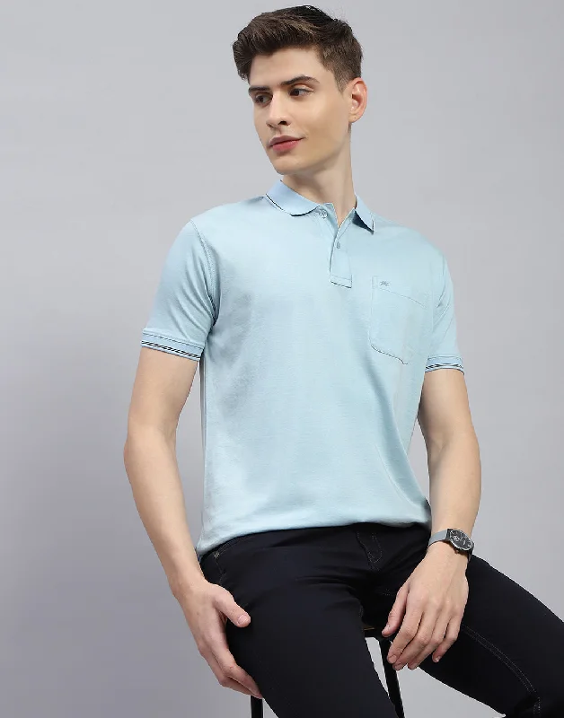 Elegant Sporty Men Blue Solid Polo Collar Half Sleeve T-Shirt