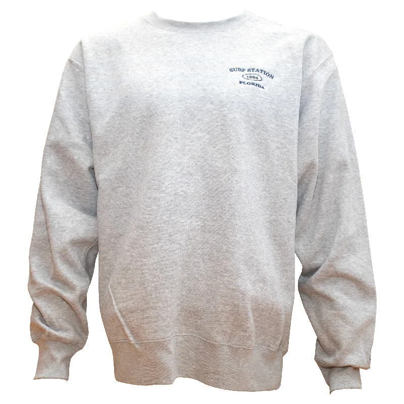 Sleek Monochrome Look Surf Station Varsity Crewneck Men's L/S Sweater - Heather Grey