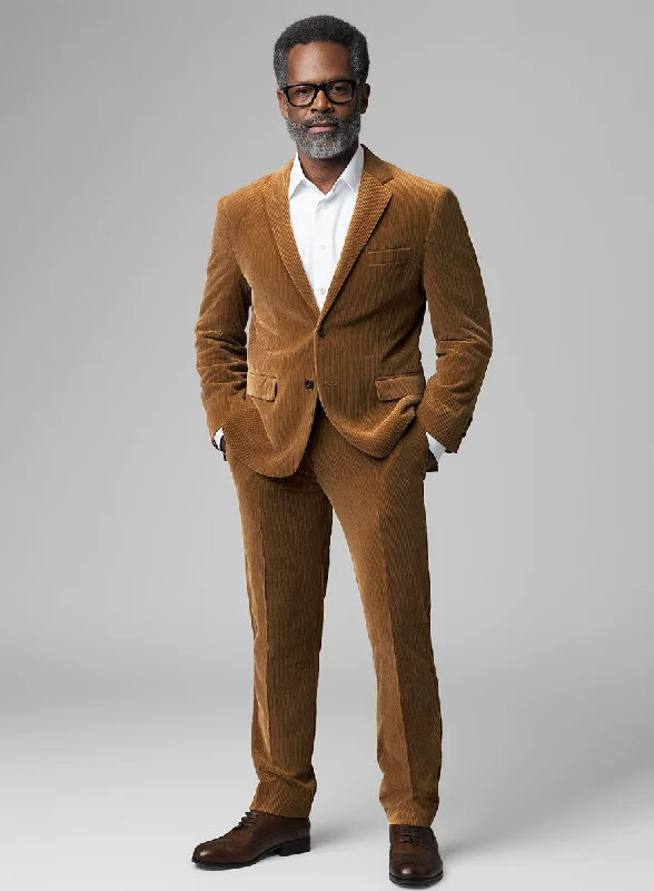 Relaxed Street Look Tan Stretch Pin Corduroy Suit