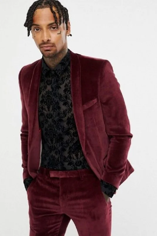 Everyday Essentials Men Velvet Maroon 2 Piece Suit Winter Suit Wedding Suit Dinner Suit Party Wear Suit Bespoke