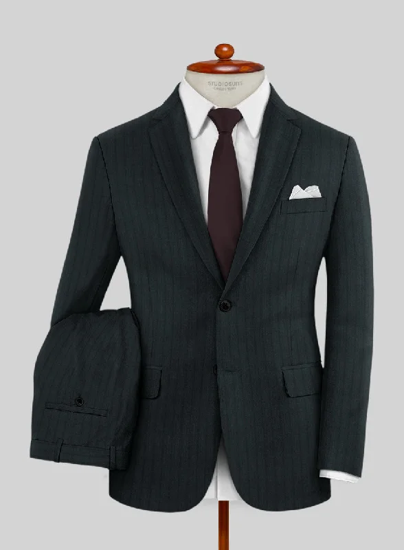 Stylish Monochrome Lanificio Zegna Trofeo Dexi Dark Green Stripe Wool Suit