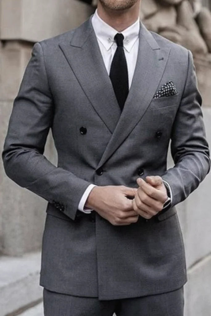 Classic Casualwear Men Two Piece Suit Grey Double Breasted Suit Wedding Suit Slim Fit Suit Dinner Suit Bespoke