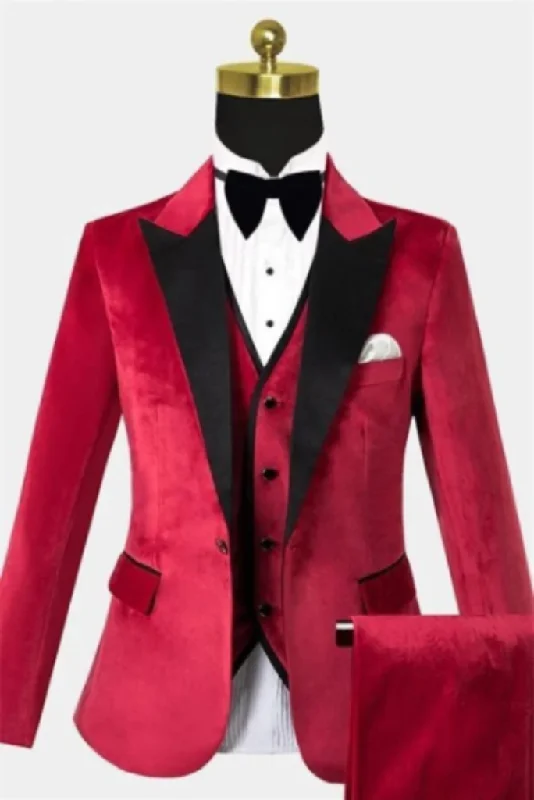 Relaxed Sport Look Men's Tuxedo Velvet Three Piece Suit Red Wedding Suit Dinner Suit Formal Party Wear Bespoke