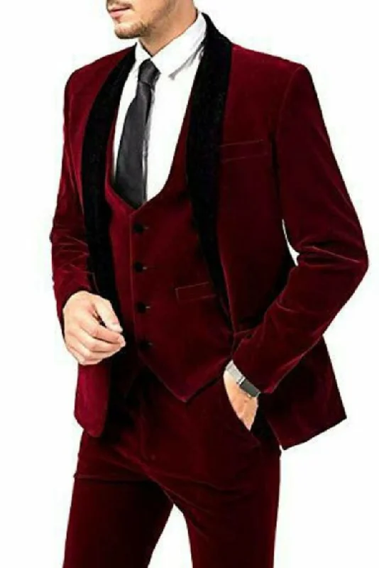 Urban Essentials Men Maroon Velvet Tuxedo Suit Three Piece Suit Winter Wedding Suit Slim Fit Suit Dinner Suits - Gift For Him